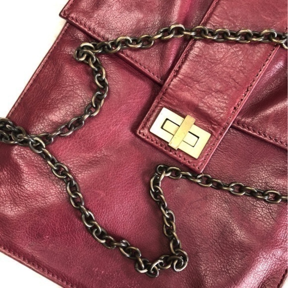 Sabina New York Leather Chained Crossbody Burgundy Purse Bag, Soft Heavy Leather